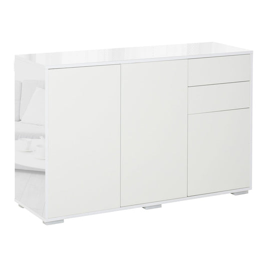 HOMCOM High Gloss Side Cabinet in white with two doors and two drawers on a plain white background