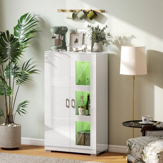 The modern storage cupboard in a living room with plants and a lamp, showing its display cabinet function