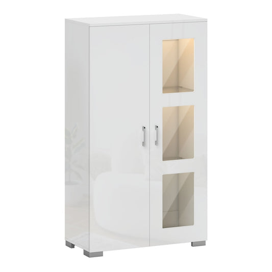 HOMCOM High Gloss Sideboard with glass doors and shelves, a modern white storage cupboard