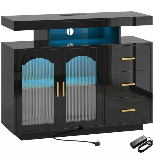 HOMCOM High Gloss Sideboard with LED Lights, a modern black storage cabinet with drawers and shelves