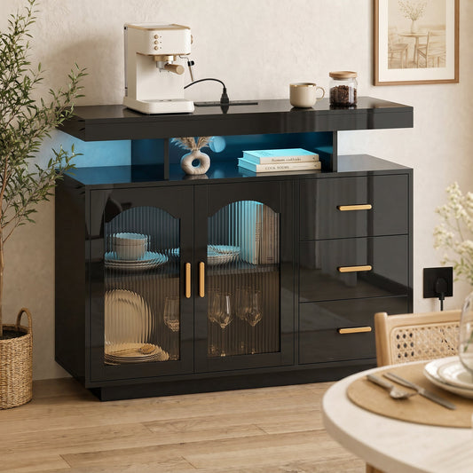 The black storage cabinet with LED lights is shown in a dining room with a coffee machine on top