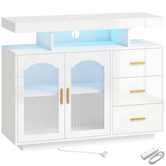 HOMCOM High Gloss Sideboard with LED Lights, a white storage cabinet with three drawers and two acrylic doors