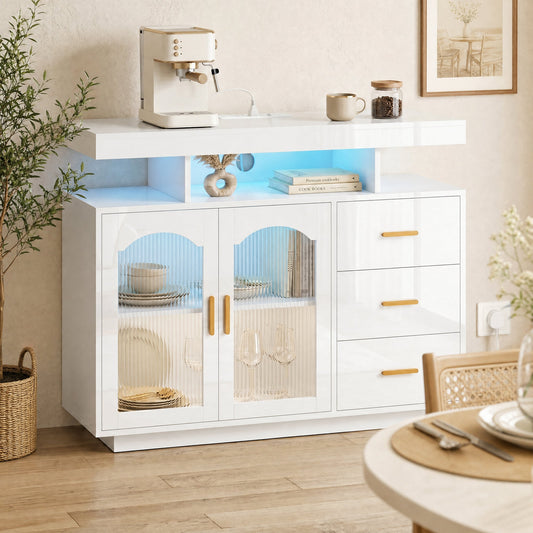 the white storage cabinet with LED lights in a modern dining room with a coffee machine on top