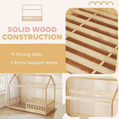 Close-up of the solid wood construction of the house-shaped kids bed frame, showing slats and support