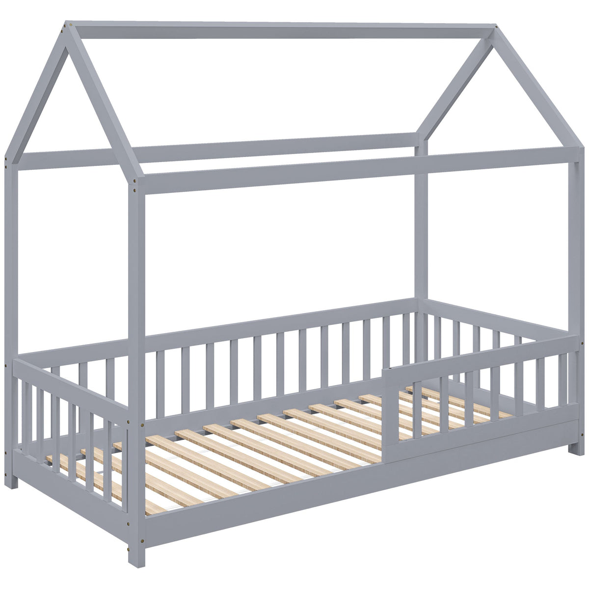 HOMCOM House-Shaped Kids Bed Frame with Guard Rails, a grey wooden bed frame shaped like a house