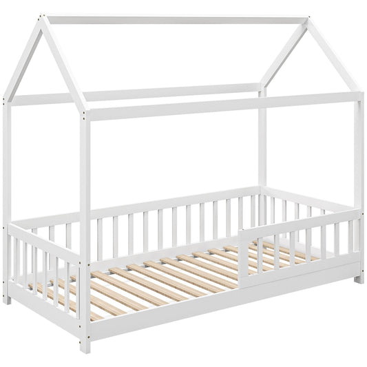 HOMCOM House-Shaped Kids Bed Frame with Guard Rails, a white wooden single bed with a house-shaped top frame and safety rails