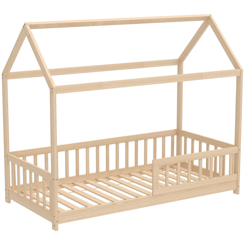 HOMCOM House-Shaped Kids Bed Frame with Guard Rails, a natural wood bed frame with a house-shaped top and safety rails