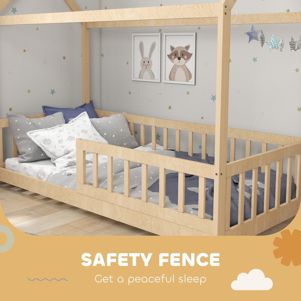 Close-up of the safety fence on the house-shaped kids bed frame, ensuring a peaceful sleep