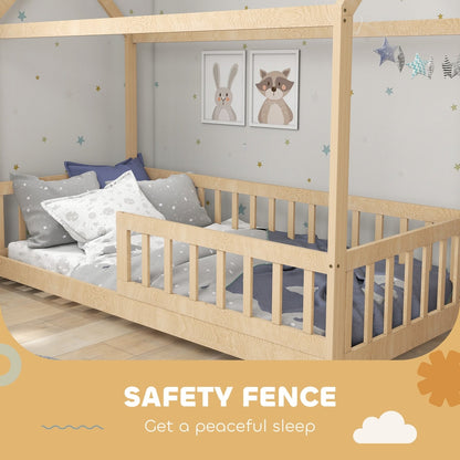 Close-up of the safety fence on the house-shaped kids bed frame, ensuring a peaceful sleep