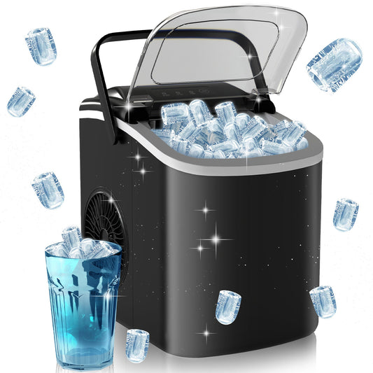 HOMCOM Ice Maker Machine Countertop with ice cubes and a glass of ice water