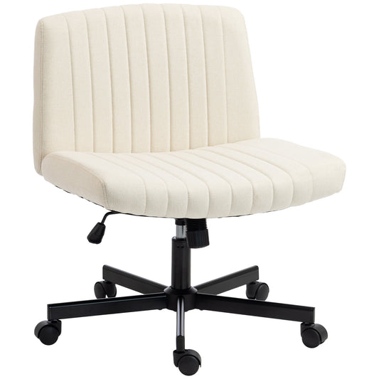 HOMCOM Imitation Linen Criss Cross Legged Desk Chair, an armless office chair with wheels in cream