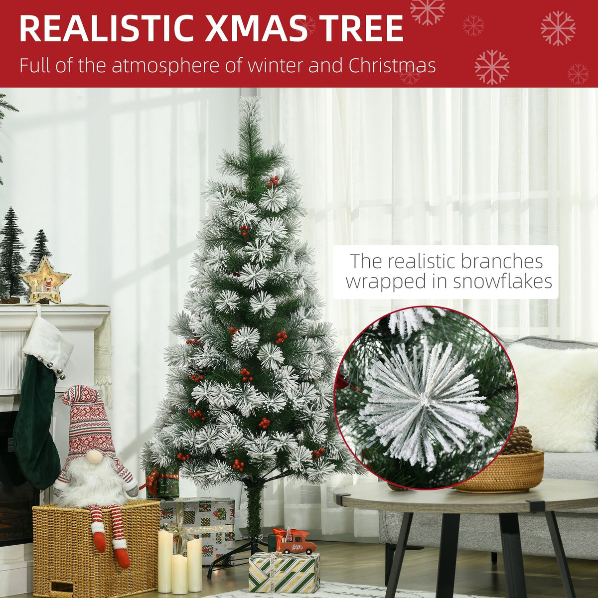 Close-up of the realistic branches of the artificial berry Xmas decoration covered in snowflakes