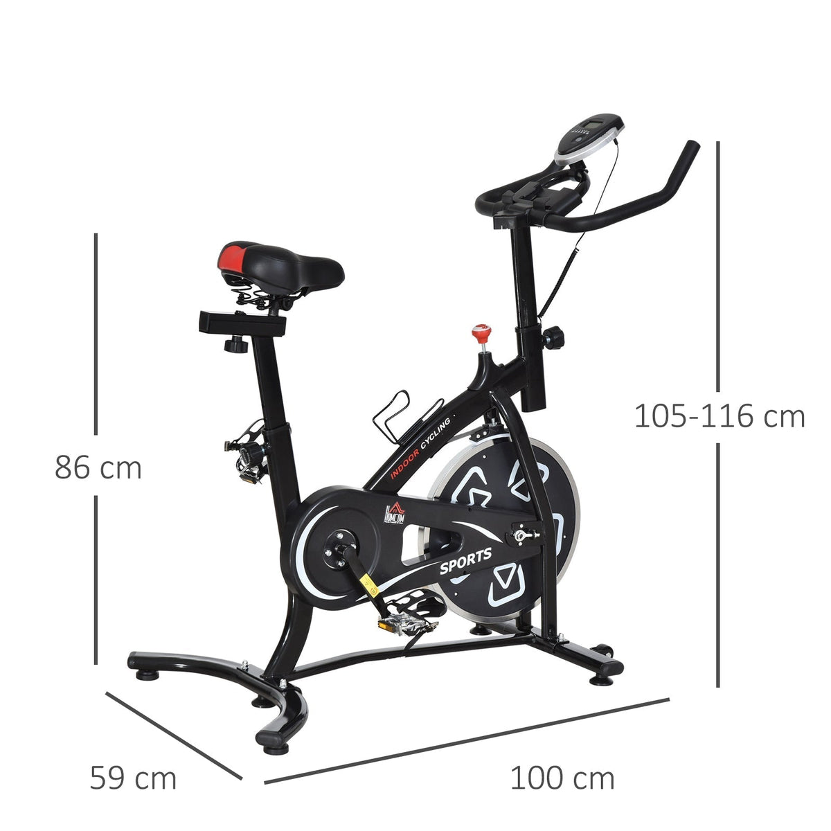 Stationary exercise bike with dimensions shown in cm