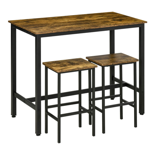 HOMCOM Bar Table Set with a rustic brown rectangular top and black metal frame