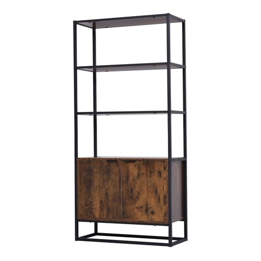 HOMCOM Industrial Bookshelf, a tall storage unit with three open shelves and a lower cabinet with two doors