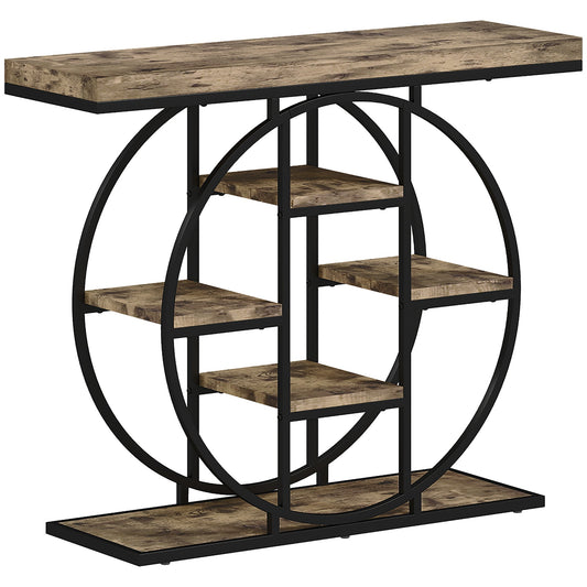 HOMCOM Industrial Console Table with Storage Shelves showing the rustic brown finish and black frame