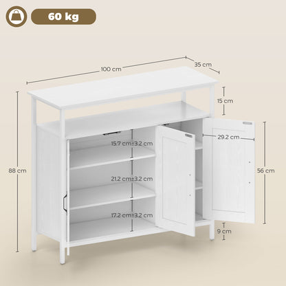 A size diagram of the white kitchen furniture showing dimensions and open doors