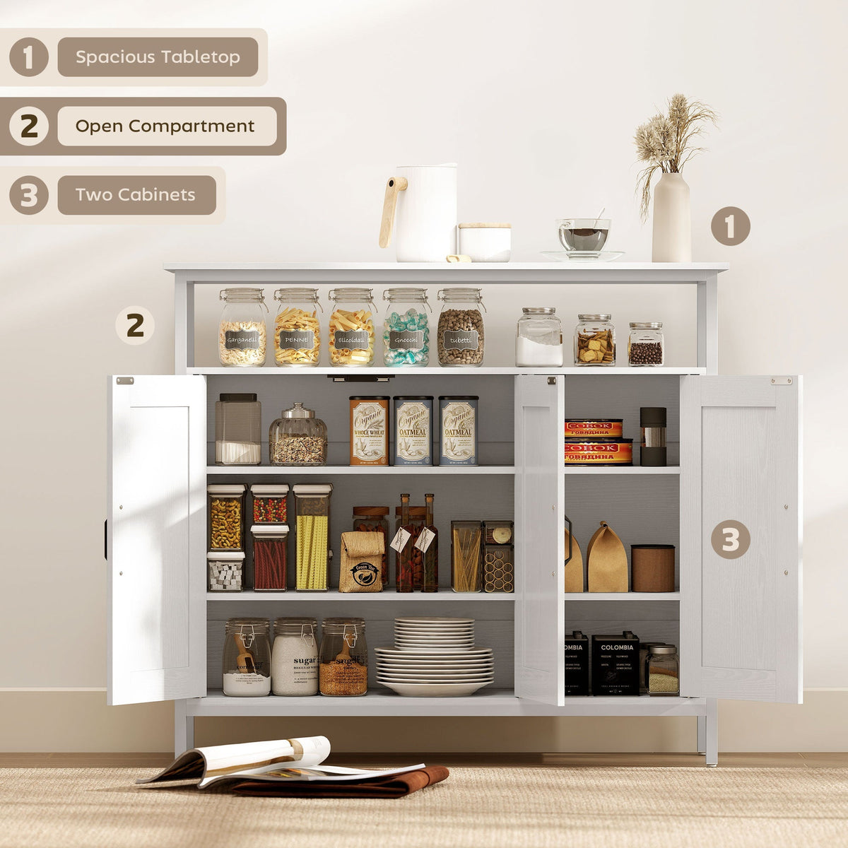 The white kitchen furniture with open doors and shelves displaying storage items