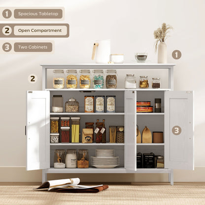 The white kitchen furniture with open doors and shelves displaying storage items