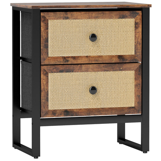 HOMCOM Industrial-Natural Bedside Table with two rattan-effect drawers and black metal frame