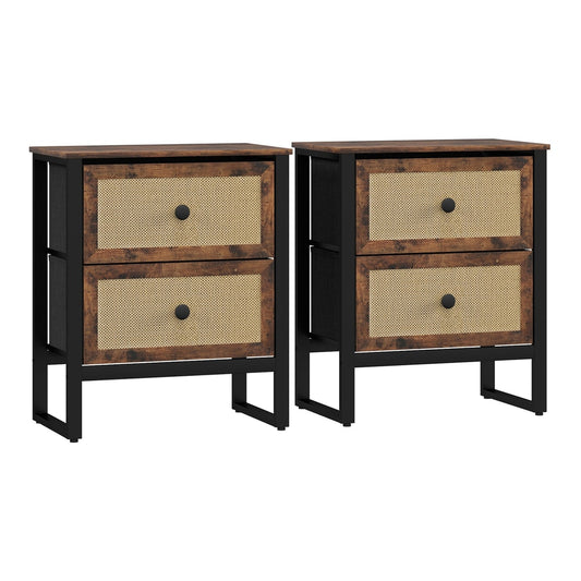 HOMCOM Industrial-Natural Bedside Table Set of 2 - brown industrial style bedside tables with two drawers each