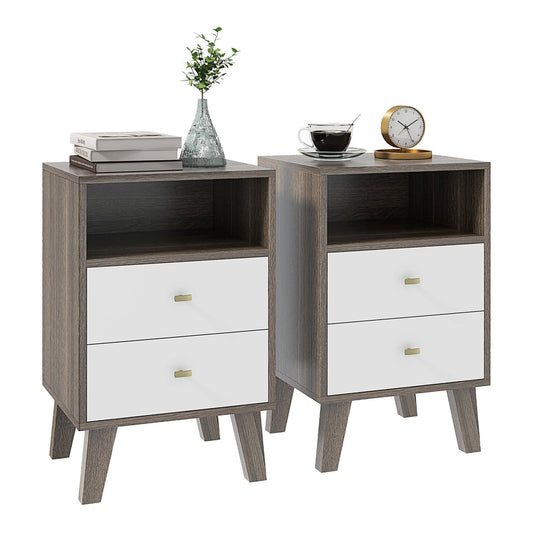 HOMCOM Industrial-Scandinavian Mix Bedside Table with two white drawers and an open shelf