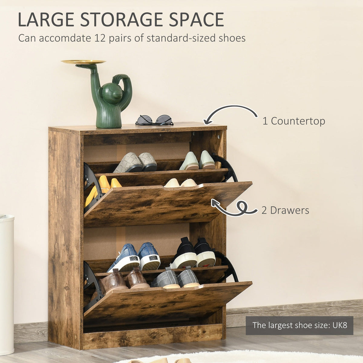 The shoe storage cabinet with its two flip drawers open showing shoe storage