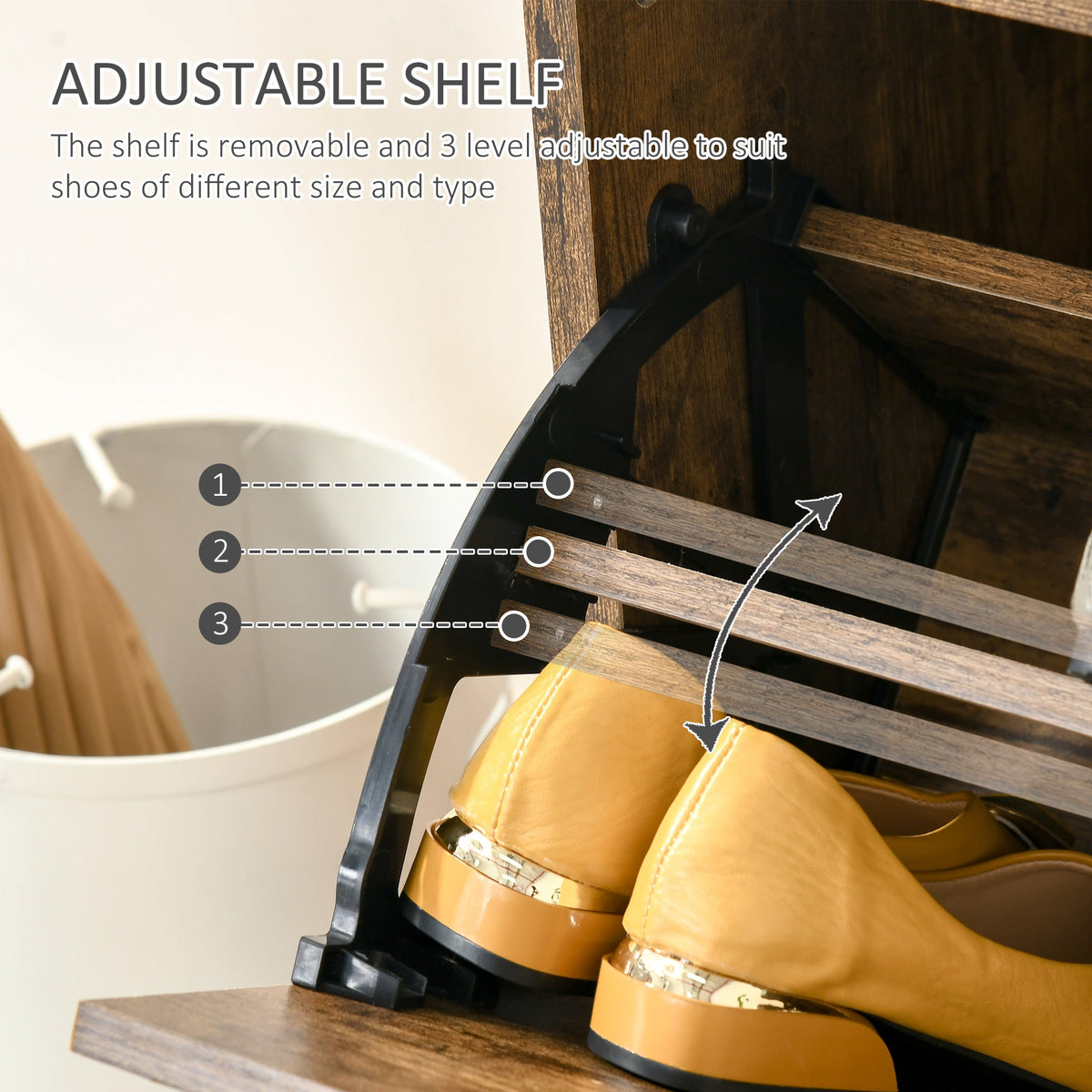 Close up of the adjustable shelf inside the shoe storage cabinet