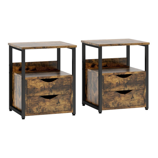 HOMCOM Industrial Side Table Set of 2, two rustic brown tables with drawers and shelves