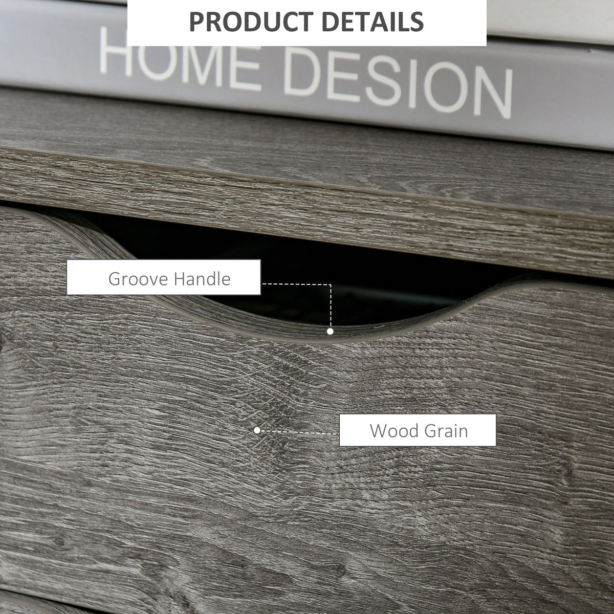 Close up of the drawer handle and wood grain on the grey industrial side table