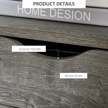 Close up of the drawer handle and wood grain on the grey industrial side table