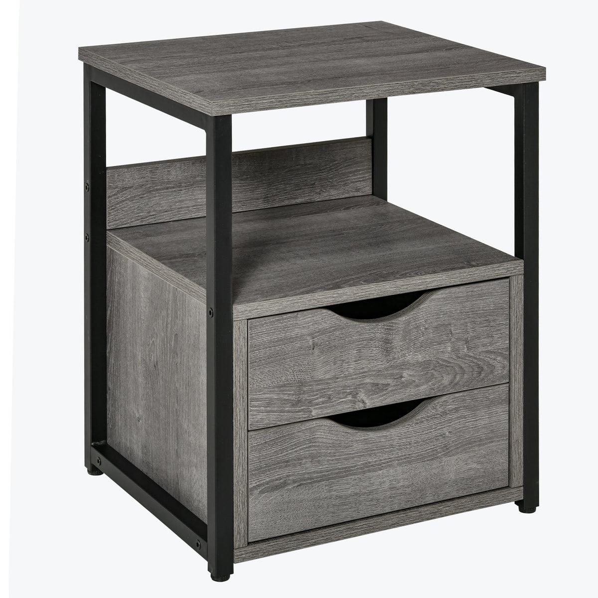 HOMCOM Industrial Side Table with Drawer, a grey wooden cabinet with two drawers and an open shelf