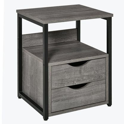 HOMCOM Industrial Side Table with Drawer, a grey wooden cabinet with two drawers and an open shelf