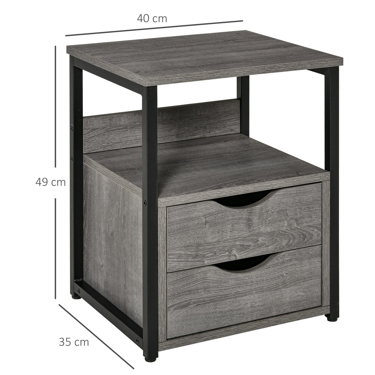 Dimensions of the grey industrial side table with two drawers and an open shelf