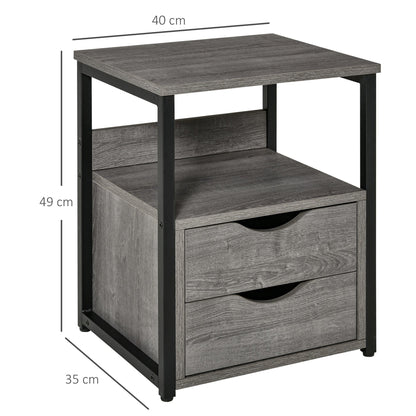 Dimensions of the grey industrial side table with two drawers and an open shelf