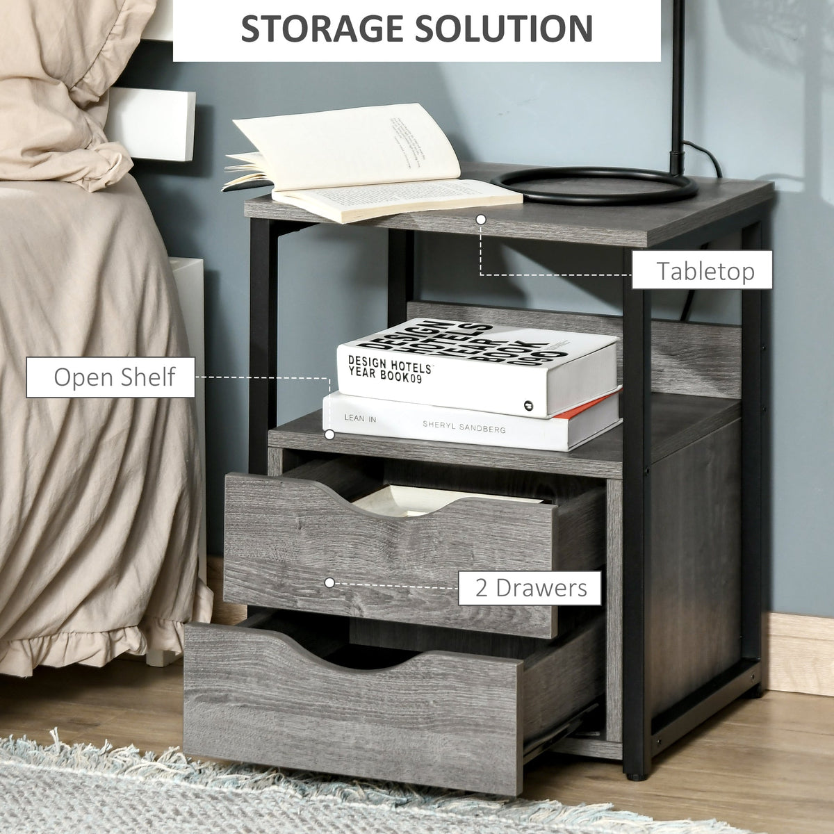 Close up of the grey industrial side table with two drawers and an open shelf, showing storage
