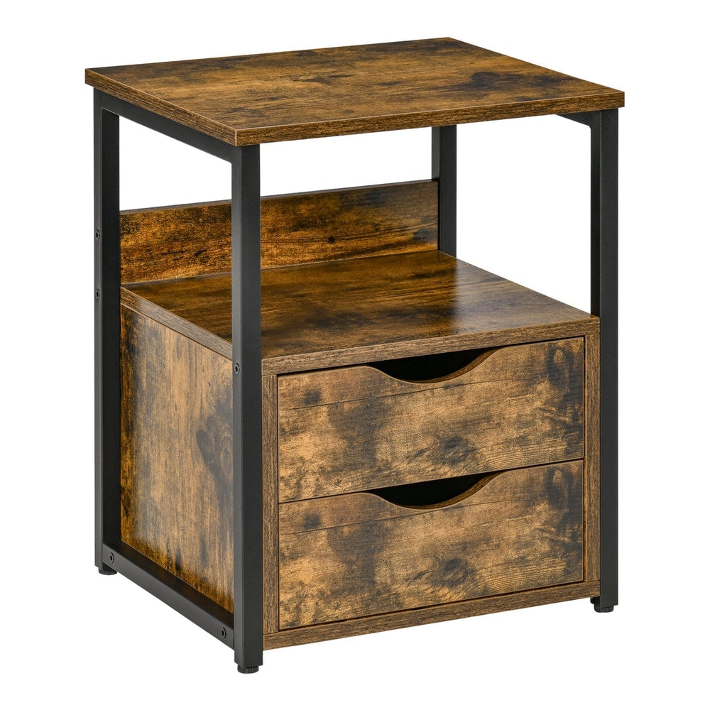 HOMCOM Industrial Side Table with Drawer featuring a rustic brown finish and black metal frame