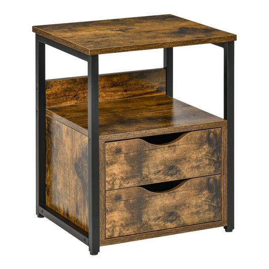 HOMCOM Industrial Side Table with Drawer featuring a rustic brown finish and black metal frame