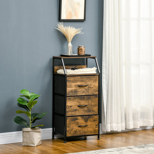 Industrial storage cabinet with three fabric drawers and display shelves in a living room setting