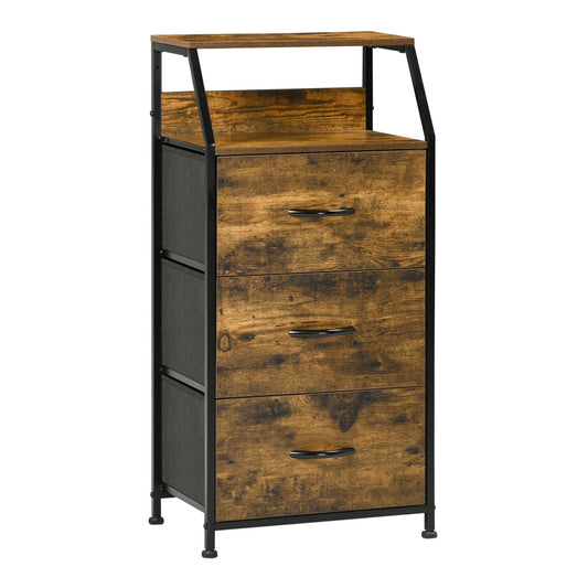 HOMCOM Industrial Storage Cabinet with three fabric drawers and display shelves in rustic brown