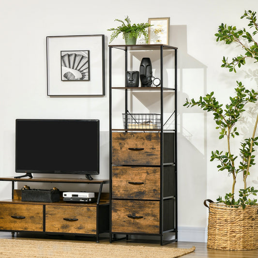 The storage cabinet in a rustic brown finish, shown in a living room setting next to a television