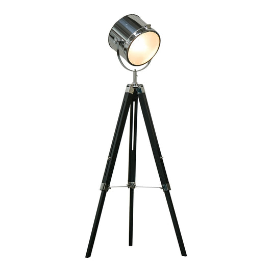 HOMCOM Industrial Style Adjustable Tripod Floor Lamp with a chrome spotlight head and black wooden legs
