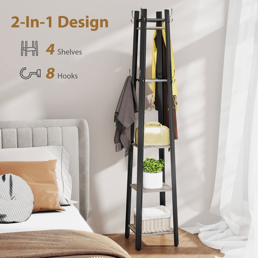 The coat stand in a bedroom with items displayed