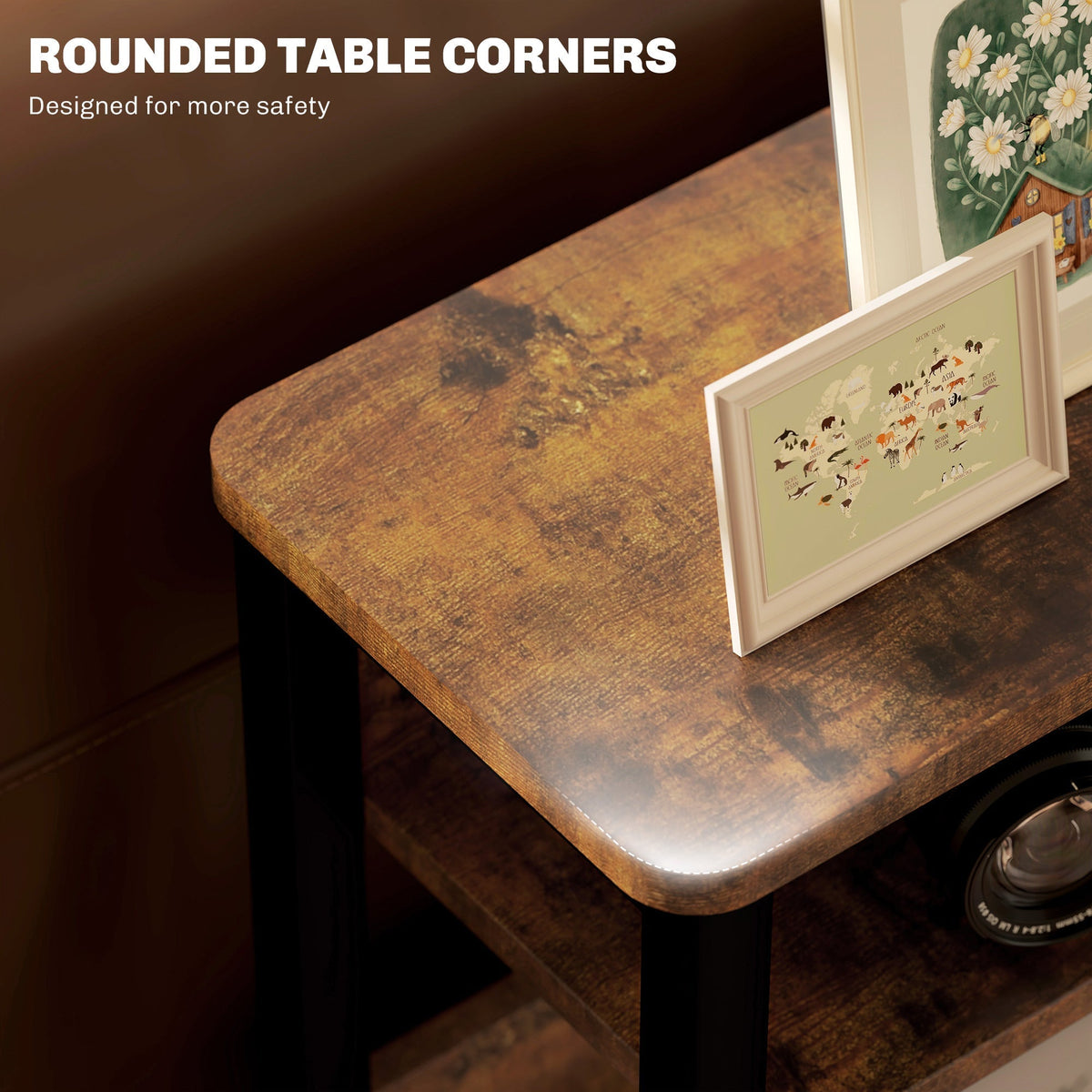 A close-up of the side table showing the smooth rounded corner of the wooden tabletop