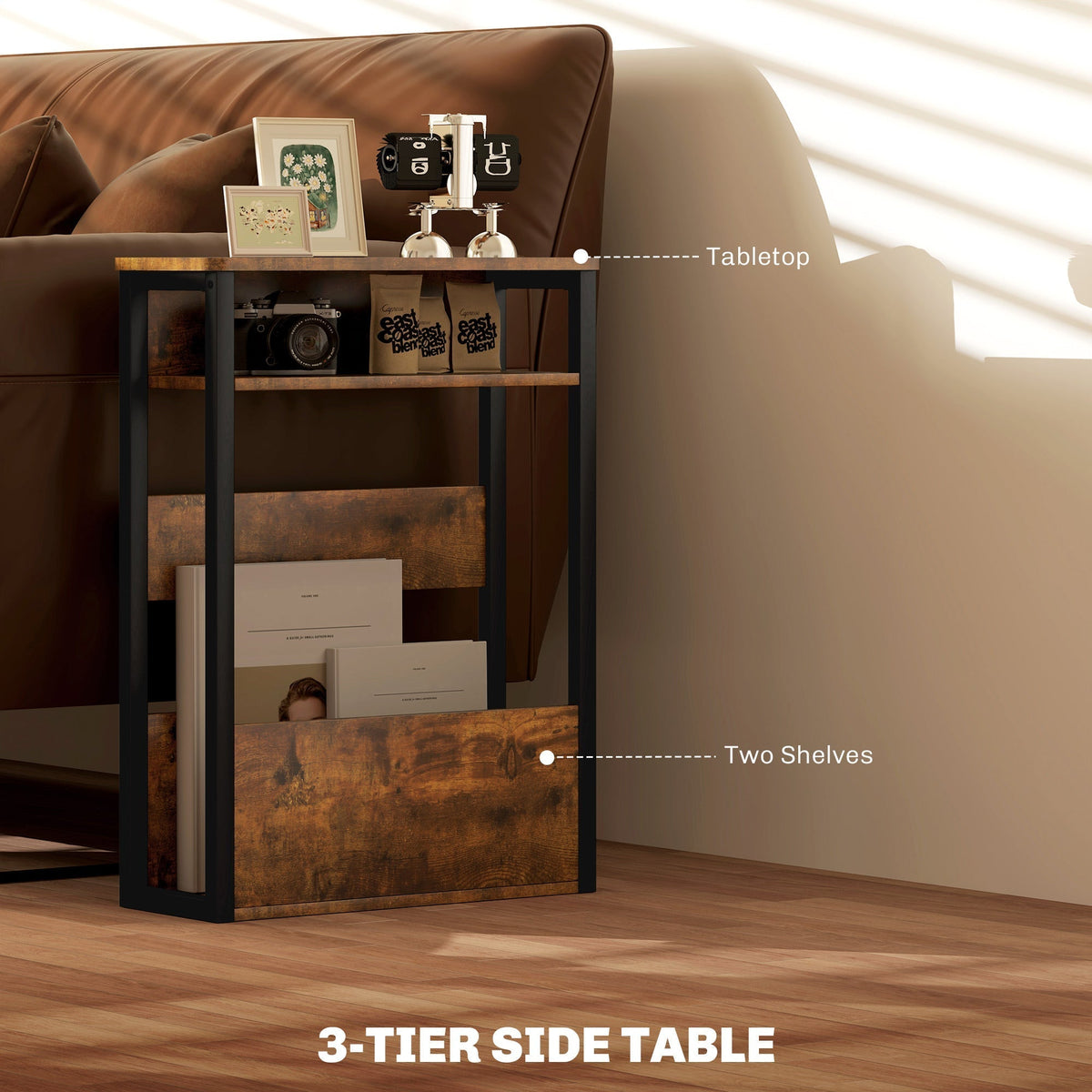 The side table with labels pointing to the tabletop and the two storage shelves