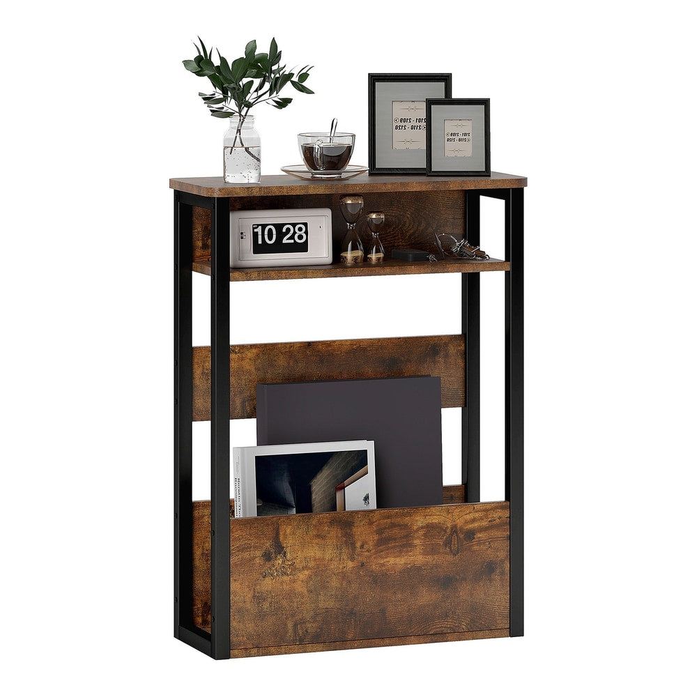 HOMCOM Industrial-Style Side Table with decor items on the shelves and books in the bottom rack