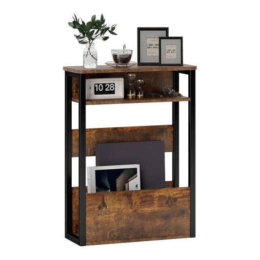 HOMCOM Industrial-Style Side Table with decor items on the shelves and books in the bottom rack