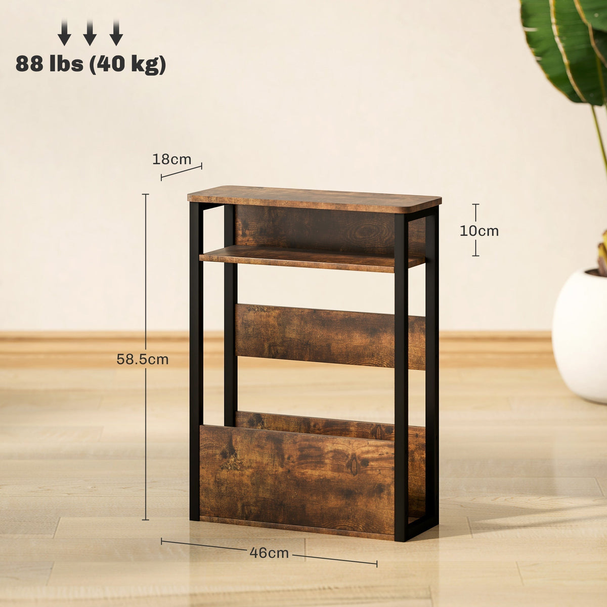 The side table shown with dimension lines indicating its height, width and depth