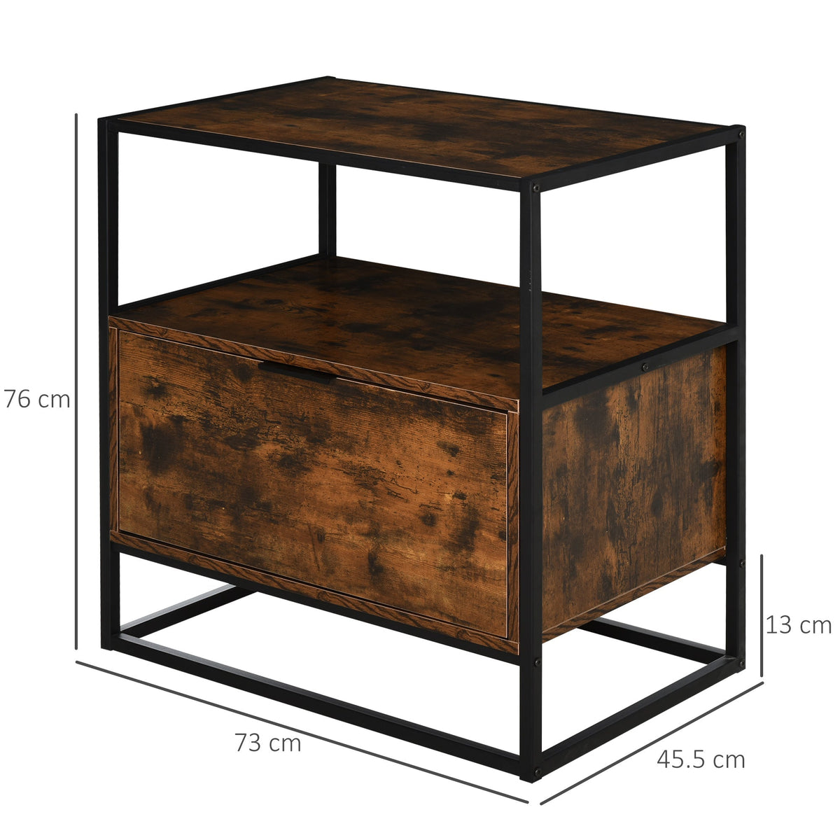 The side table shown with dimension lines indicating its height, width and depth