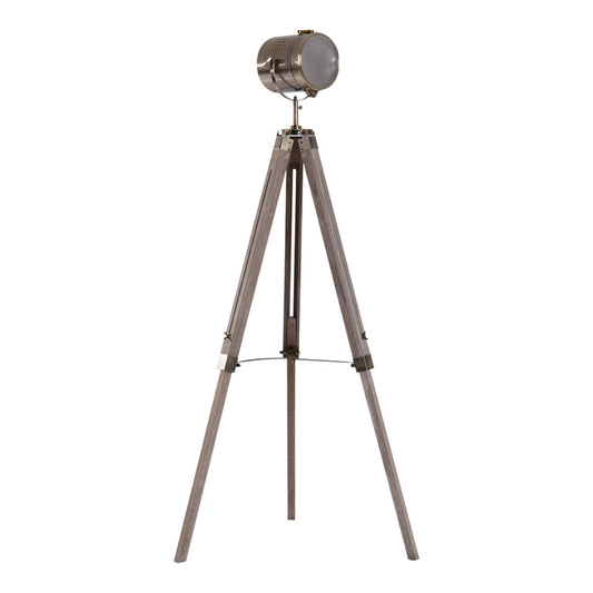 HOMCOM Industrial Tripod Floor Lamp with a grey and bronze nautical searchlight head and wooden tripod legs